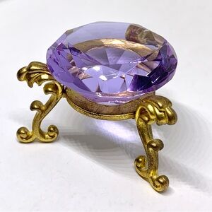 Purple Crystal Glass Diamond Shaped Jewel Decoration On Brass Tone Metal Stand